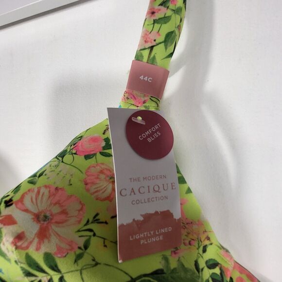 Cacique Women Comfort Bliss Bra 44C Green Floral Lightly Lined Plunge Underwire - Picture 3 of 6